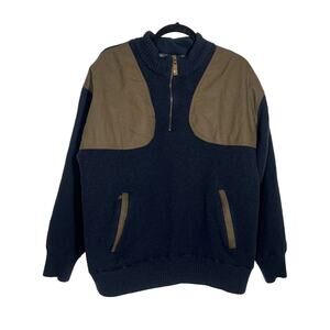 Orvis Wool Lined Windproof Sweater Mens XXL 1/4 Zip Navy Shoulder Patches Elbow